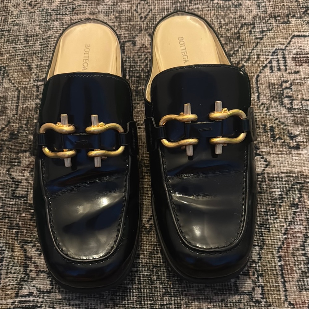 Bottega Veneta Black Leather Loafers with Gold Accents